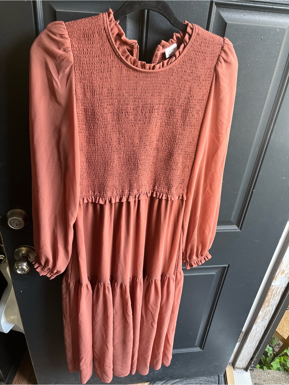 Wilfred Rust Smocked Yoke Long-Sleeve Midi Dress